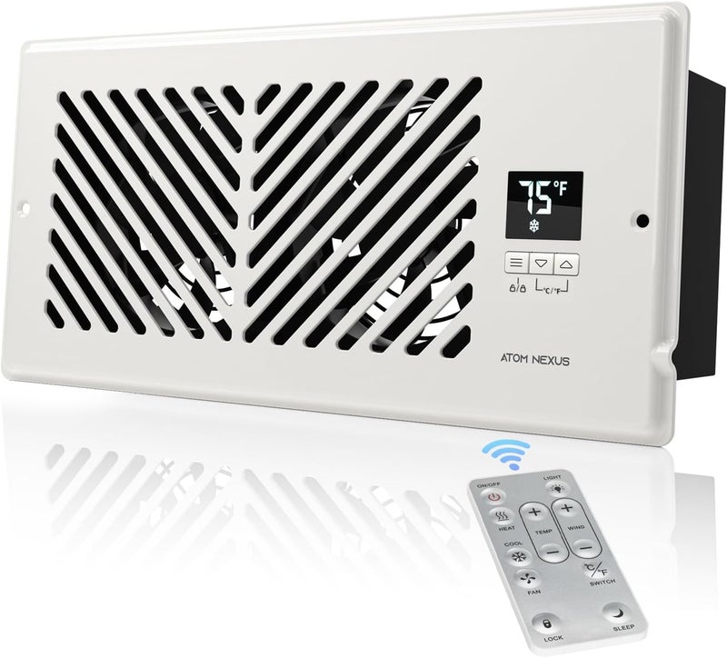 ATOM NEXUS Quiet Register Booster Fan Fits 4”x10” Register Holes, Smart Vent Booster Fan with Thermostat & Remote Control, 10-Speed Control Heating Cooling AC Vent (White) - Image 1